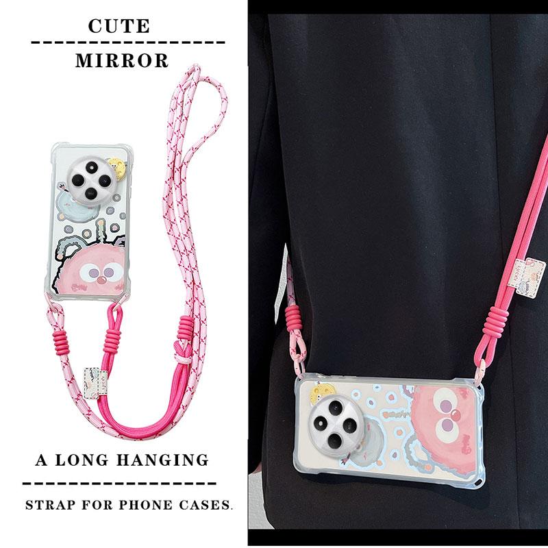 KEYSION Crossbody Strap Phone Case for Redmi 14C Cute Cartoon Long Lanyard Mirror Shockproof Cover for Xiaomi POCO C75