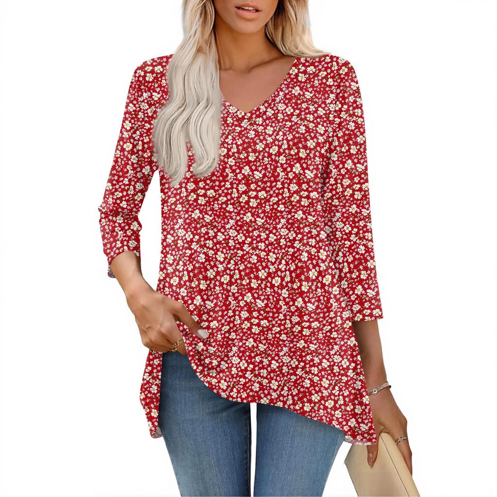 Damskie bluzki z dekoltem w serek i rękawem 3/4, casualowe koszule o średniej długości, modne tuniki z nadrukiem