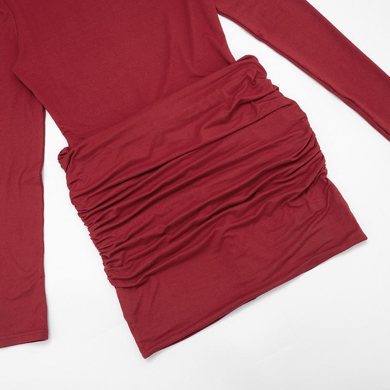 Solid Color Slim Fit Round Neck Shirred Mini Dress - European & American Women's Autumn/Winter Collection