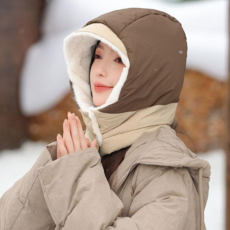 Fleece thickened warm child women's fashion color matching scarf one-piece hat autumn and winter skiing tram hat