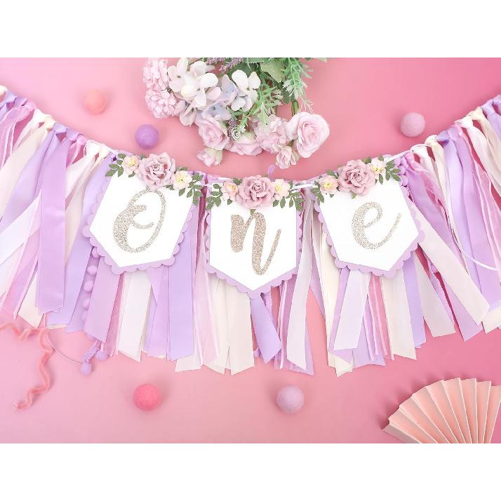 Baby Girl 1st birthday highchair banner -Purple Floral Garland, Purple And Pink First Birthday Decoration, Rose 1st Bday Banner, floral birthday