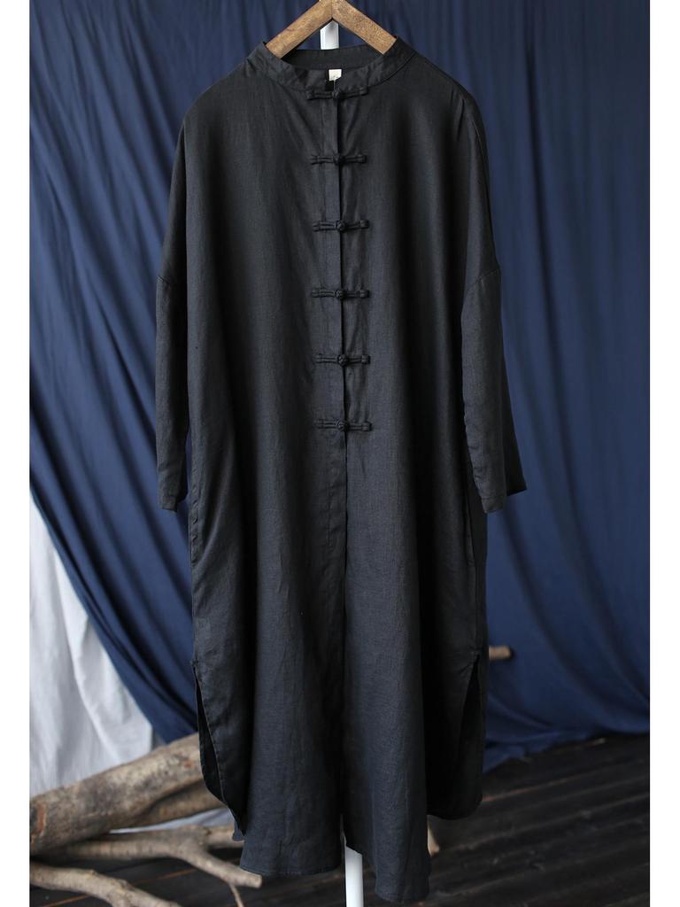 Xi Mo Women's Retro Linen Stand-Collar Cardigan Dress