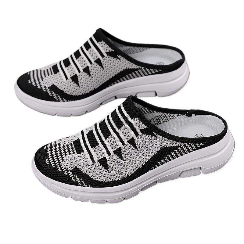 Women's Plus Size Slip-On Sneakers - Casual & Lightweight, Black and White Striped Knit Upper with EVA Sole Woman Shoes