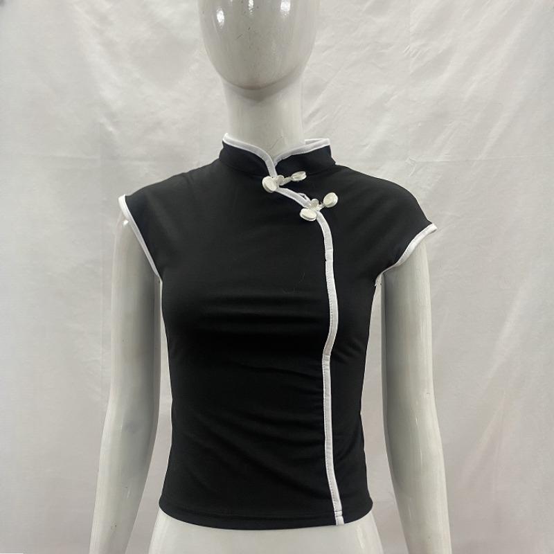 European and American Summer Retro Chinese Style Niche Buckle Women's Slim Fit Cheongsam Collar Top