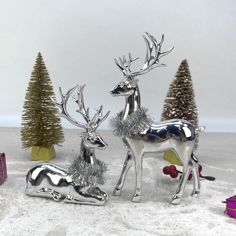 2 Pcs Silver Animal Reindeer Sculpture Set Premium Resin Art Deco Figurines for Office & Living Room Christmas Decoration