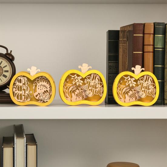 Yousheng Halloween Wooden Lighted Pumpkin for Tabletop, Spooky Pumpkin Lantern Shadow Box for Halloween Party, Dinning, Coffee Table Decoration