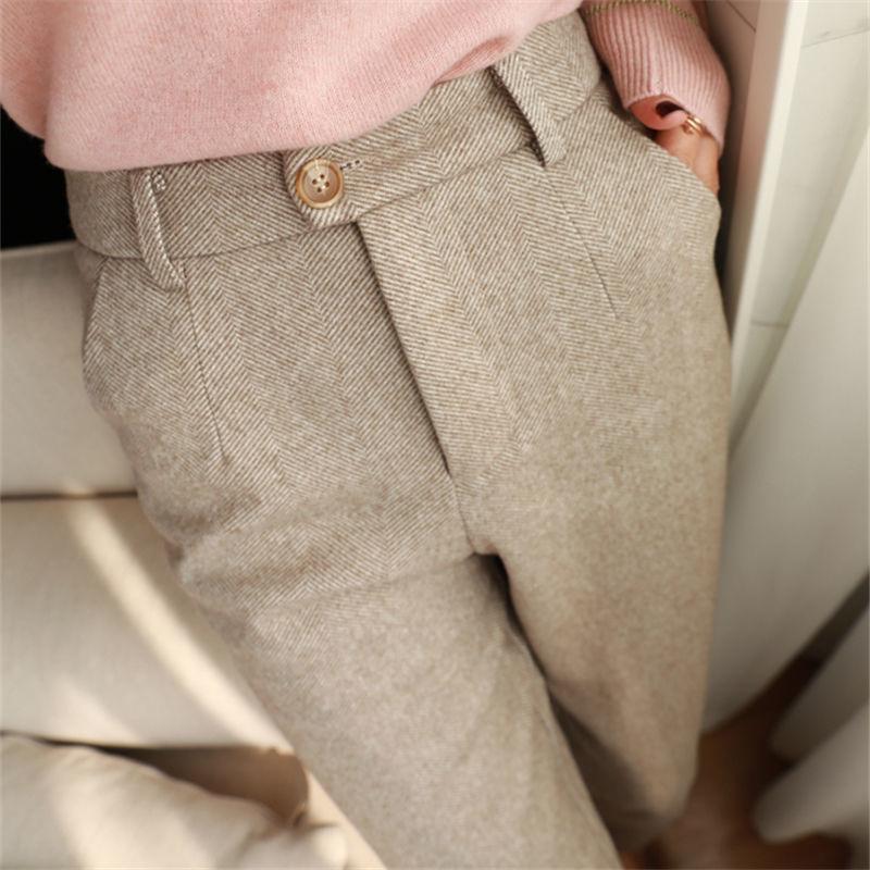 Women's Autumn and Winter Tweed Pants Solid Color High Waist Thin Casual Suit Pants