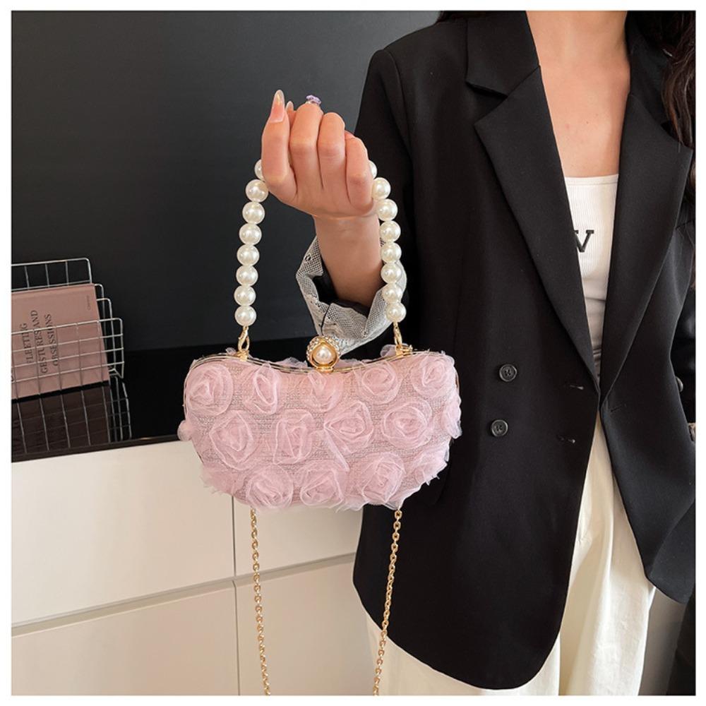 New Lace Flower Evening Bag Pearl Chain Clip Shell Bag Women Crossbody Bag