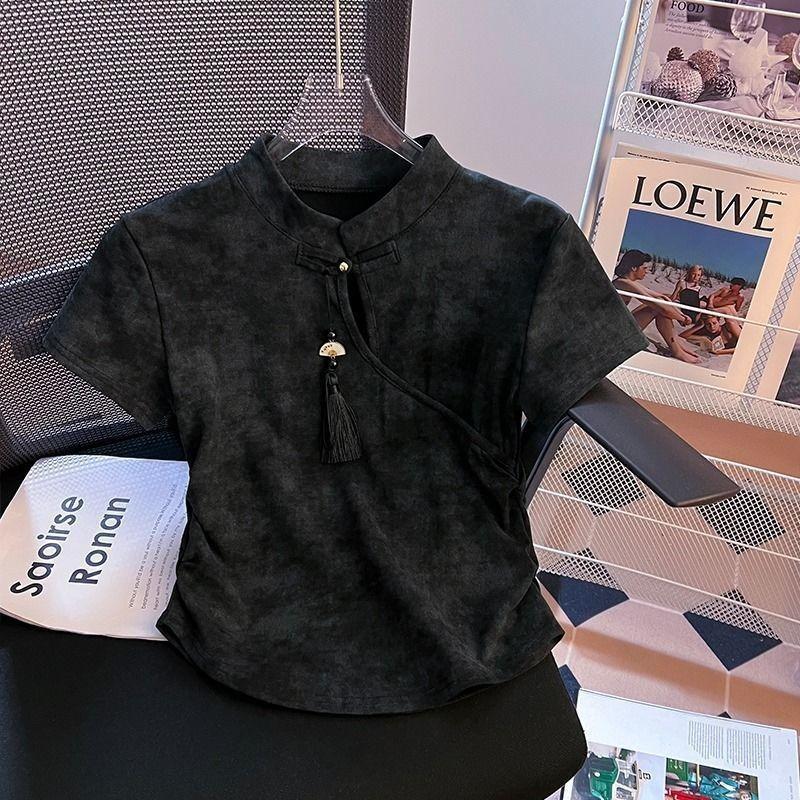 Women Tie Dye Cheongsam Style T-shirt Stand Collar Short Sleeve Casual Fitted Top with Tassel