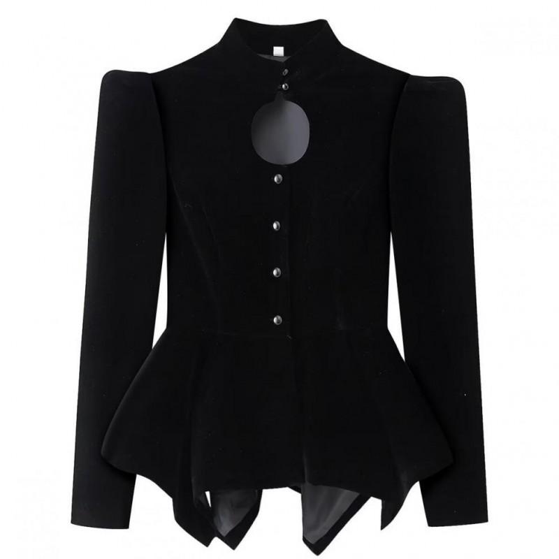 Womens Elegant Velvet Long Sleeve Blazer With Cutout Neckline Puffed Stand Collar Slim Fit 2026