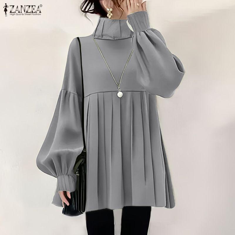 ZANZEA Women Casual Turtleneck Loose Long Sleeve Solid Blouse