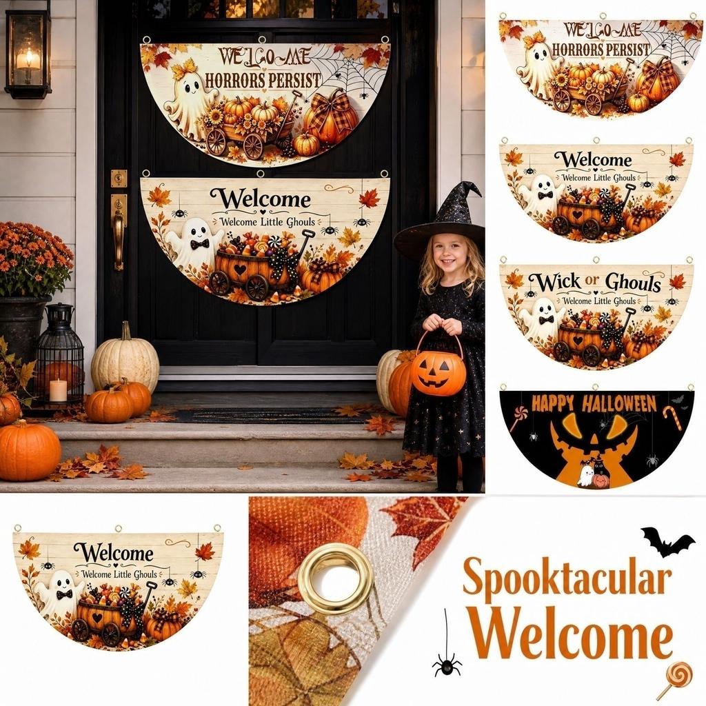 2 Pack Halloween Half Circle Pumpkin Fan Shaped Flags with Clips for Outdoor Garden Decor