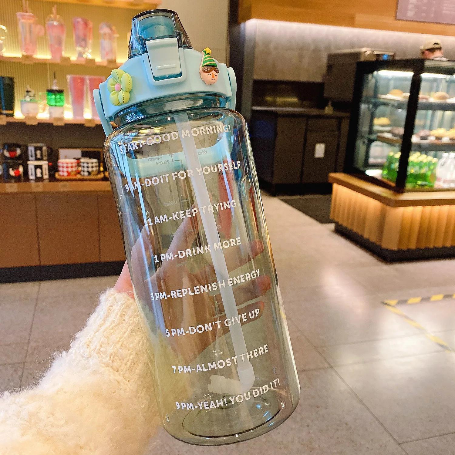 

Бутылка для воды большой емкости 2000 мл, пластиковая спортивная кружка для воды, прозрачная бутылка для воды с маркером времени, походная посуда для питья 2000ml