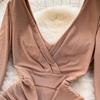 Women Casual Sleeve Long Neck V Solid Color Dress Waist High A Line Sheath Spring Elastic Mini
