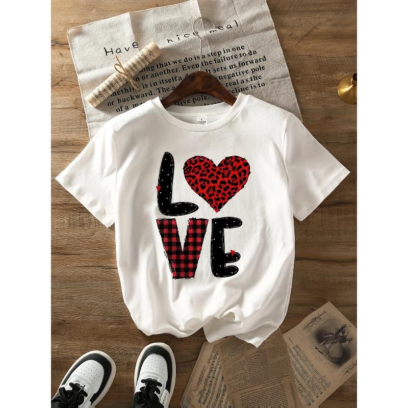 European Size Romantic Simple Elegant Vacation Fashion Red Black Plaid Leopard Print Heart Letter Slogan Graphic Breathable Crew Neck Short Sleeve