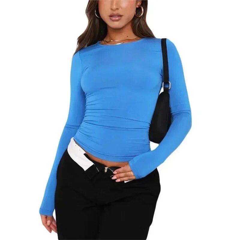 Mode Oansatz Tees Streetwear Tops Frauen Einfarbig Slim Fit Einfache T-shirts Frühling Herbst Casua Langarm T-shirts 30423