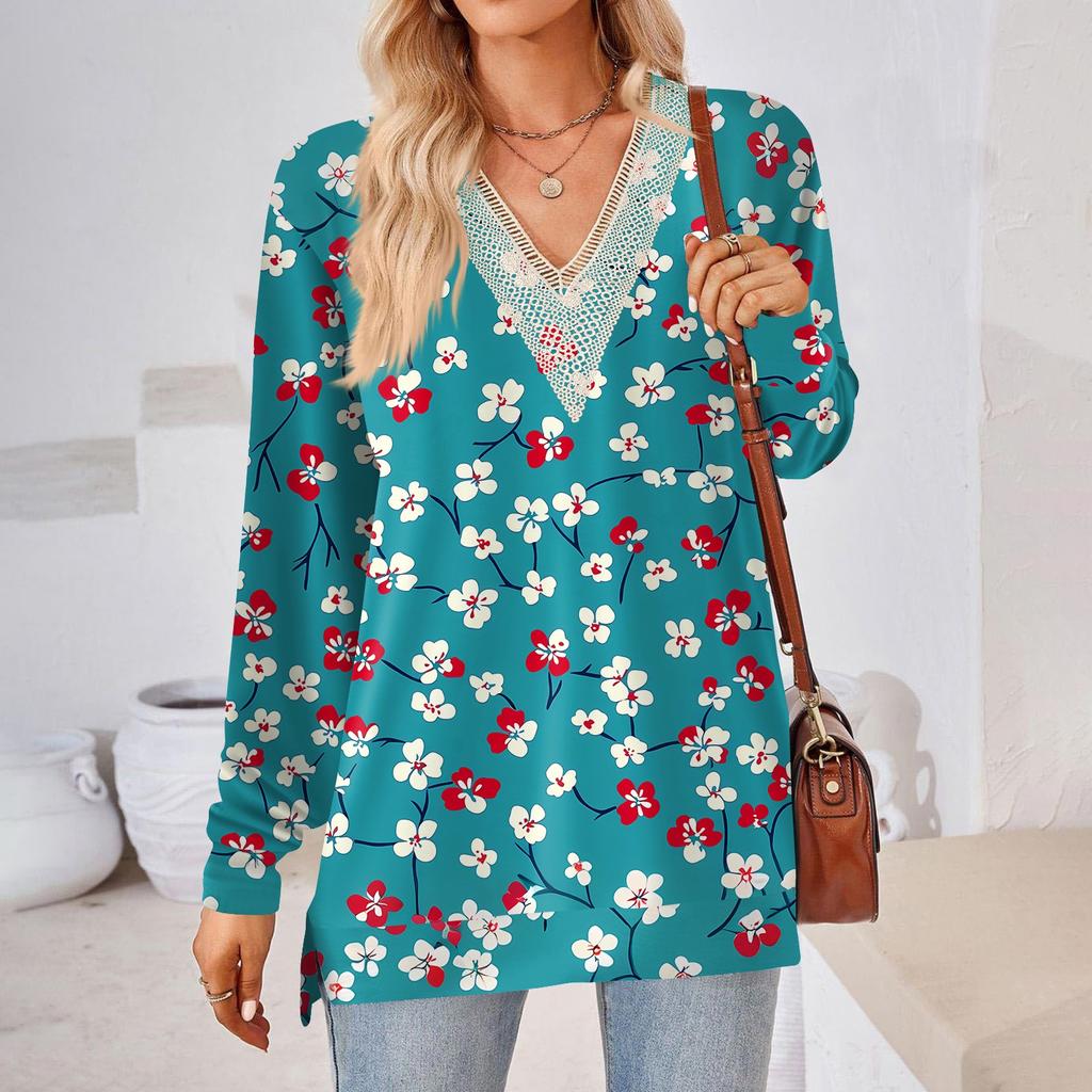 Womens Tops Loose V-neck Contrast Color Split Loose Long Sleeve T-shirt Women's Tops