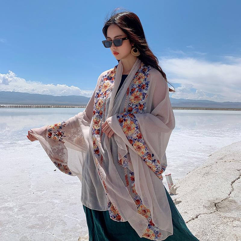 Women Shawl Travel Embroidery Retro Cotton Linen Hijab Sun Protection Warmth Sunshade Beach Cape Desert Cape Bohemian Scarf