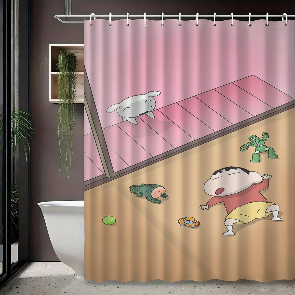 Crayon Shin-chan & Friends with Shiro 2D Print Waterproof Shower Curtain, Green Anime Bathroom Decor with Hooks