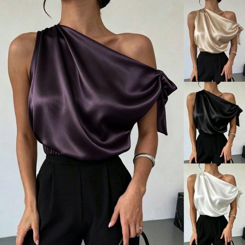 Women One Shoulder Satin Blouse With Bow Detail Elegant Sleeveless Party Tops