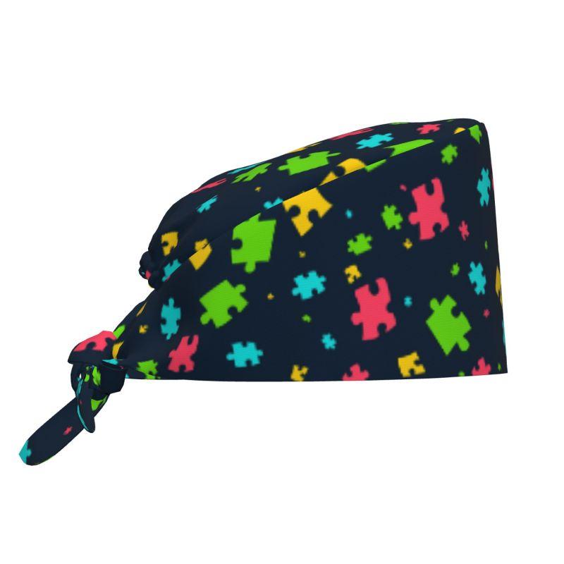 Autism Awareness Colorful Puzzle Pieces Working Cap Women Scrub Cap with Sweatband Adjustable Tie Back Hat Nurse Surgical Caps
