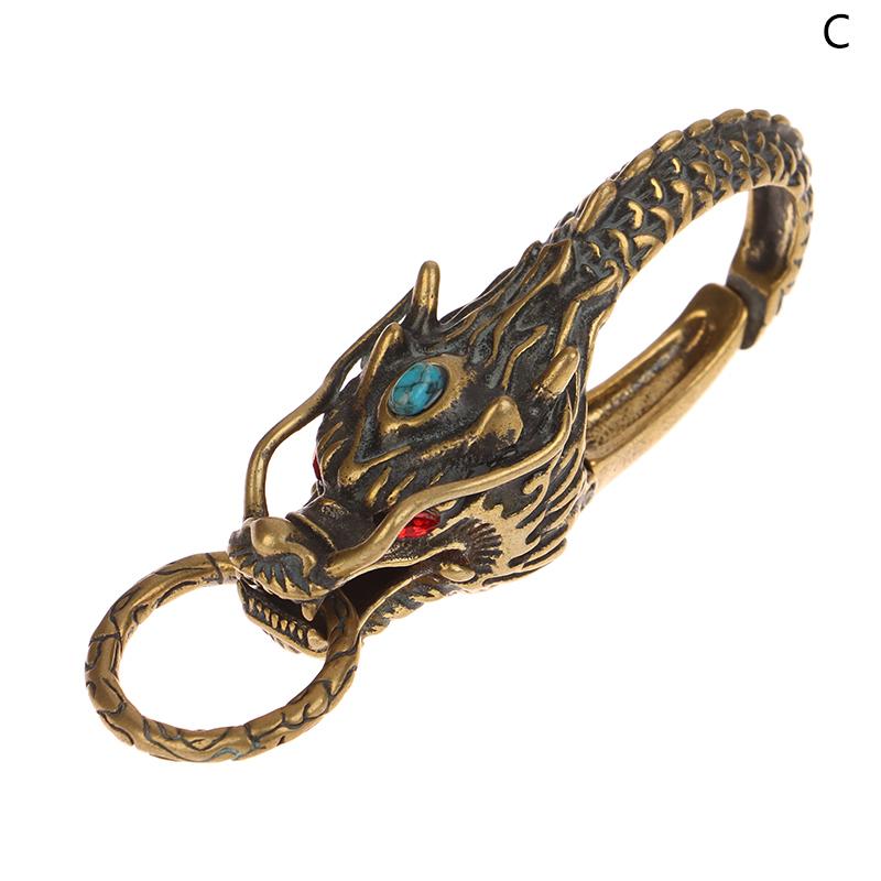 Pure Brass Red Eyes Dragon Head Keyrings Zodiac Dragon Keychain Vintage Muži Přezka v pase Přívěsek na klíče od auta Přívěsek na klíče Dárky Řemesla