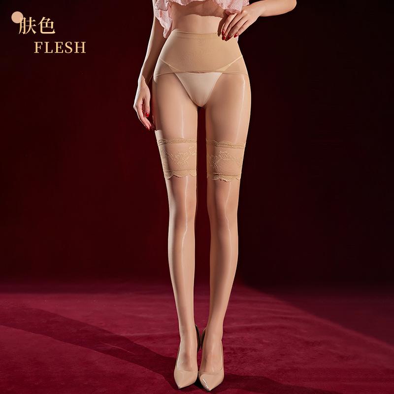 Fake Two-Piece Lace Trim Over-the-Knee Stockings 3D Ultra-Thin Glossy Crotch-Free Fake Over-the-Knee Pantyhose for Women