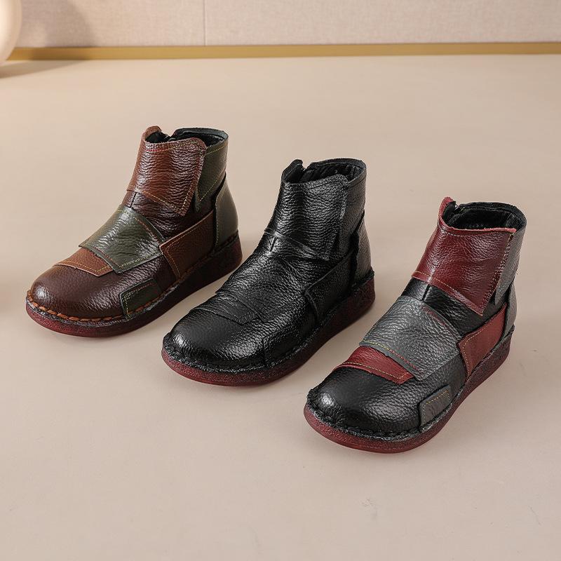 Johnature Mixed Colors Genuine Leather Women's Short Boots Ethnic Style Warm Comfortable Flat Cotton Shoes