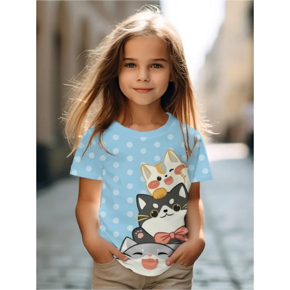 Kids Clothes Children's T-Shirt Girl Short Sleeve Top Cartoon Cat Girls Summer Clothes Child T-Shirt  Children's Clothing