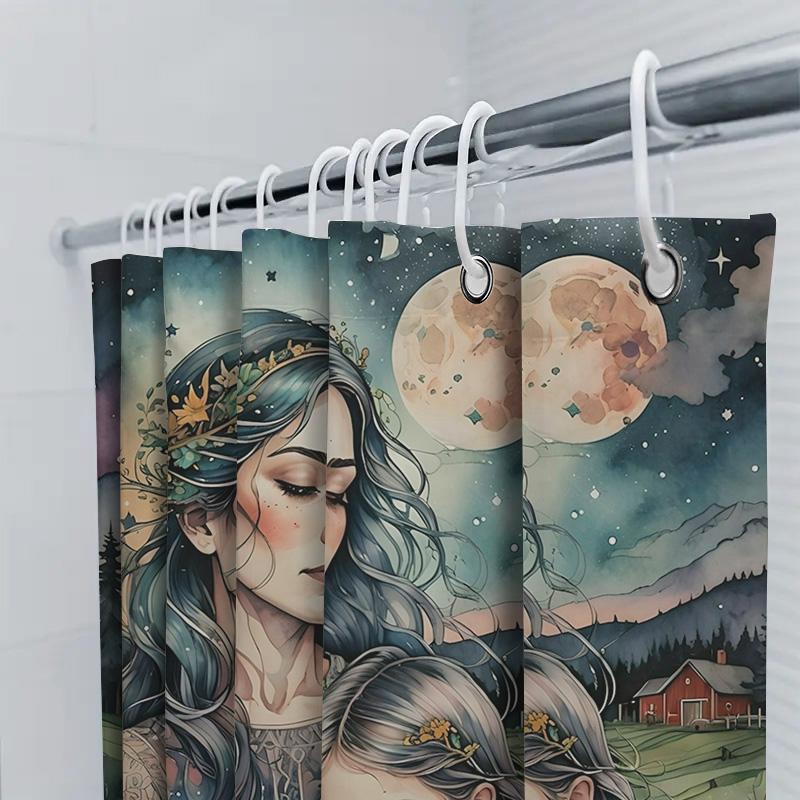 Mutter und Tochter unter dem Mond Wasserdichter Duschvorhang