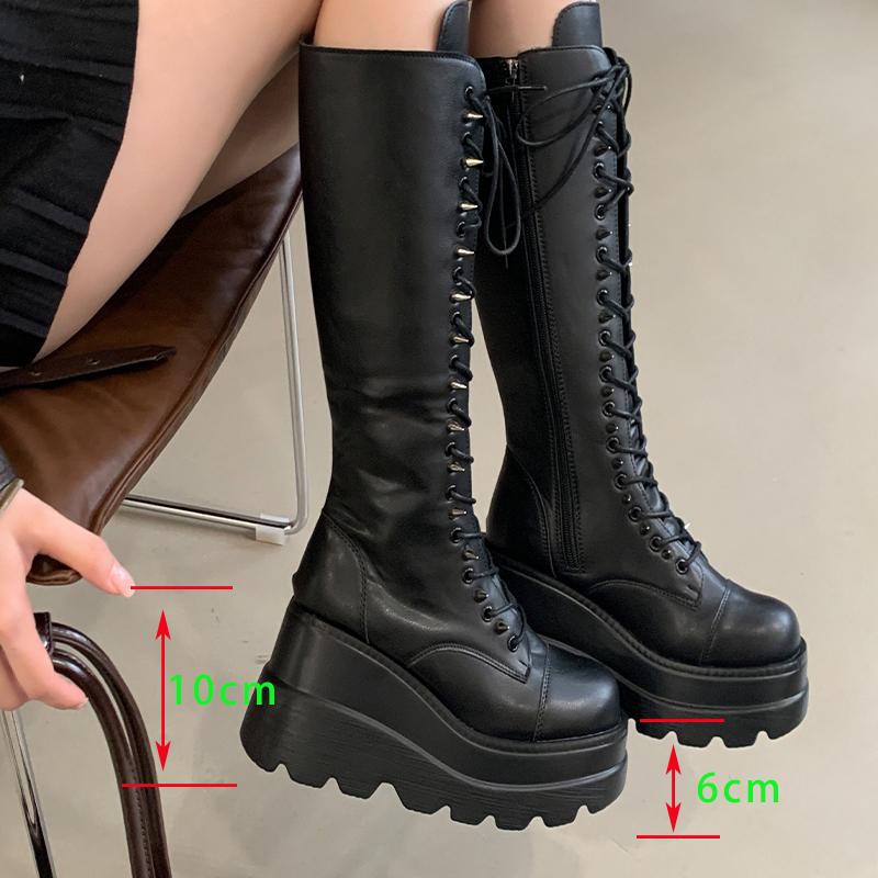 Fashion Wedge-Heeled Mid-Tube Boots Ladies Gothic Style Thick-Soled Motorcycle Knight Boots Slim High Platform Cowboy Boots