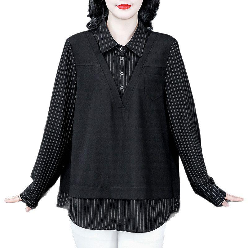 Spring Casual Plus-Size Two-Piece Shirt - Light Mature Style with Turn-Down Collar for Women