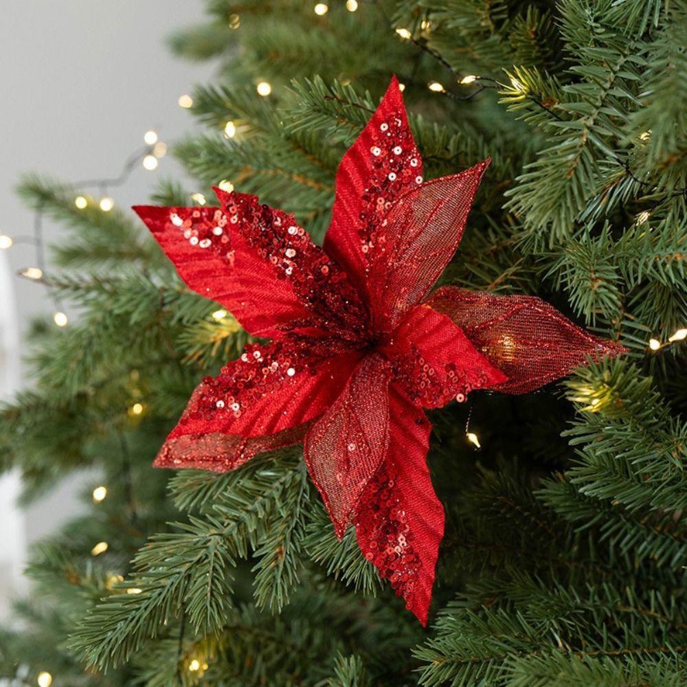 Fabric Plastic Xmas Decorative Flowers DIY Decoration Glitter Fake Flower  Xmas Tree Decorations
