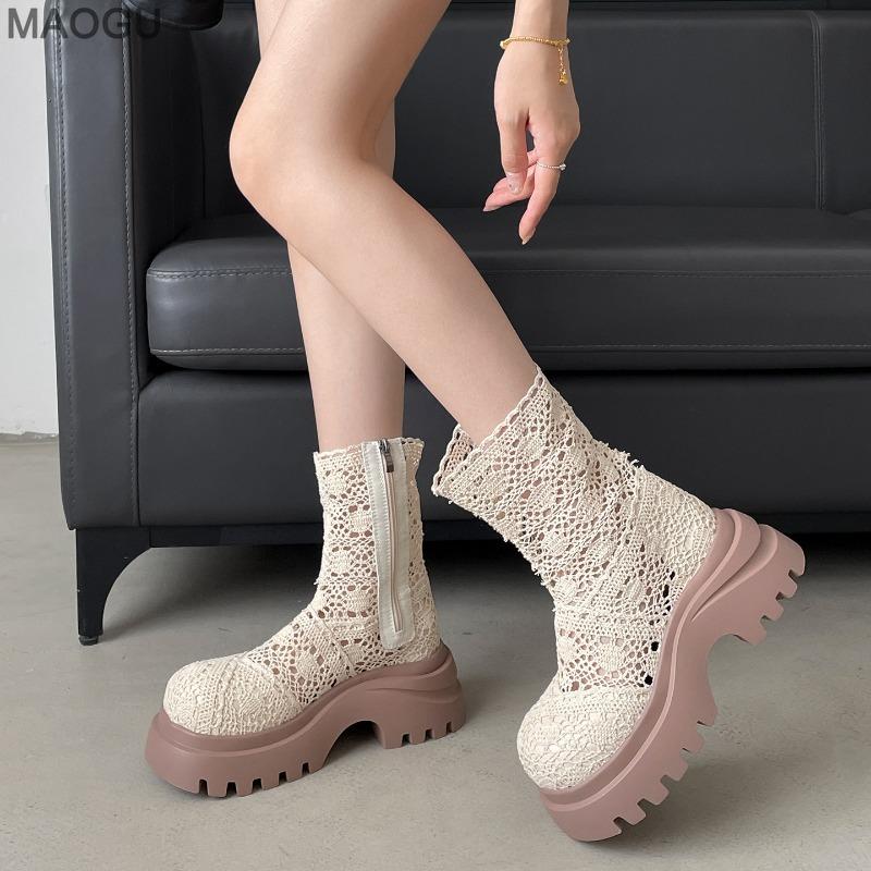 Botines de Plataforma con Diseño Hueco para Mujer Negro Moda Tacón Grueso Cremallera Lateral Botines para Mujer Antideslizante Botas Para Mujer