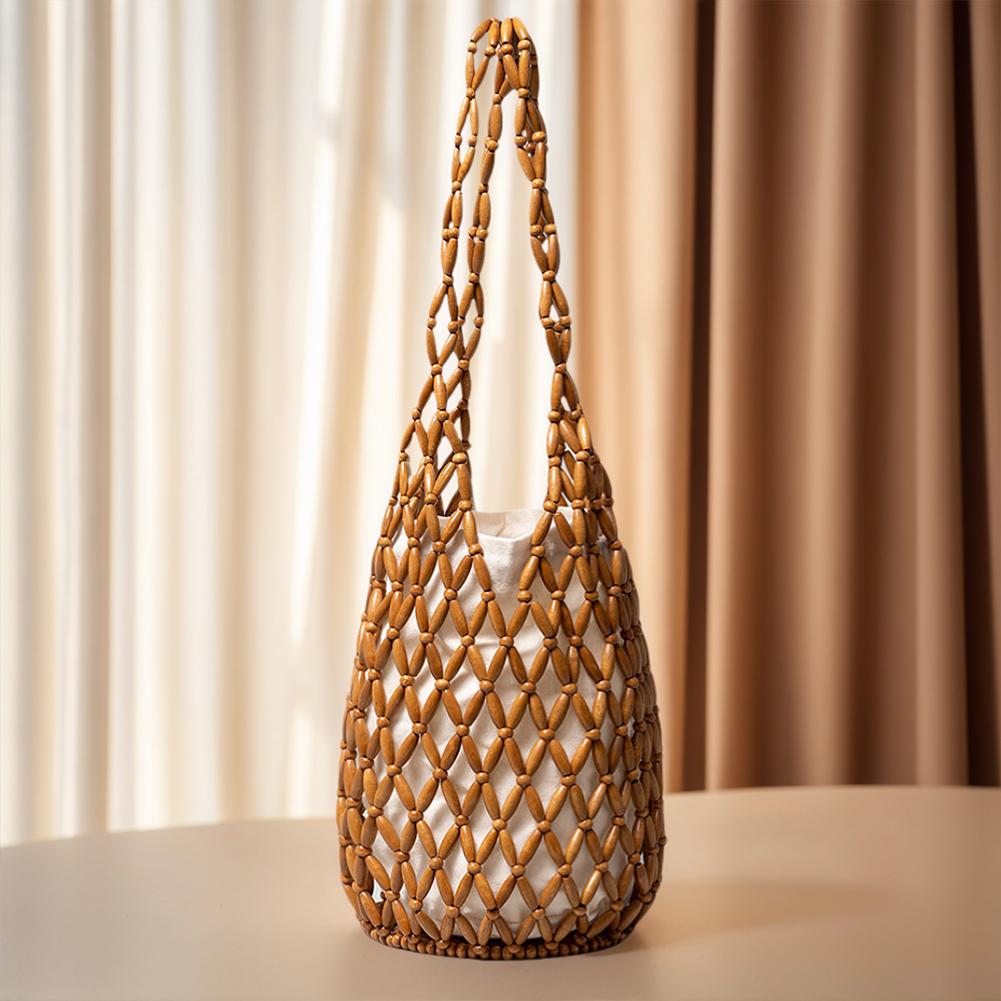 

Деревянная плетеная сумка-тоут с бусинами, ажурная сумка-ведро на плечо, ручная работа, сумка на плечо с бусинами, повседневная пляжная сумка для женщин коричневый