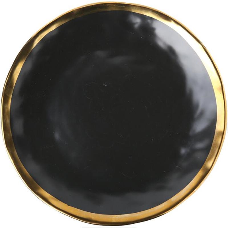 European Style Gold Side Black Plate Retro  Matte Steak Dish Dessert Tray Kitchen Dinner Plates Ceramic Dishes Bowls 1pcs