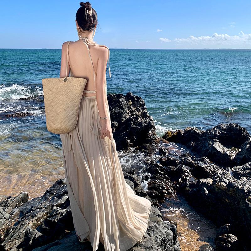 

Женский комплект летнего платья с открытой спиной и лямкой для отдыха на море XL бежевый