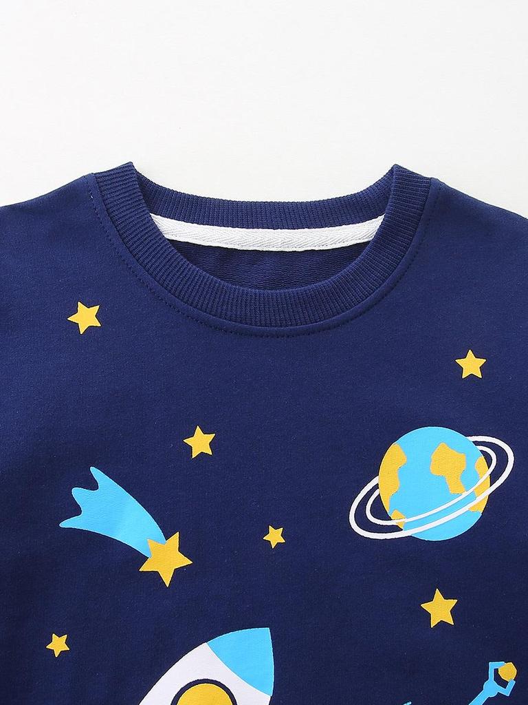 Autumn European & American Style Boys' Rocket Print Hoodie - Knit Cotton Children's Sportswear