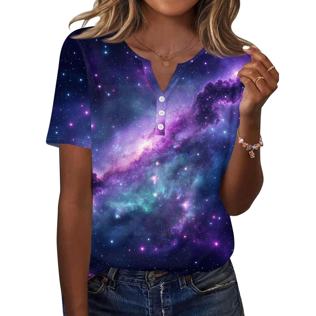 Damska Koszulka z Nadrukiem Guziki Krótki Rękaw Codzienna Weekendowa Moda Podstawowy Dekolt V Regularny Top