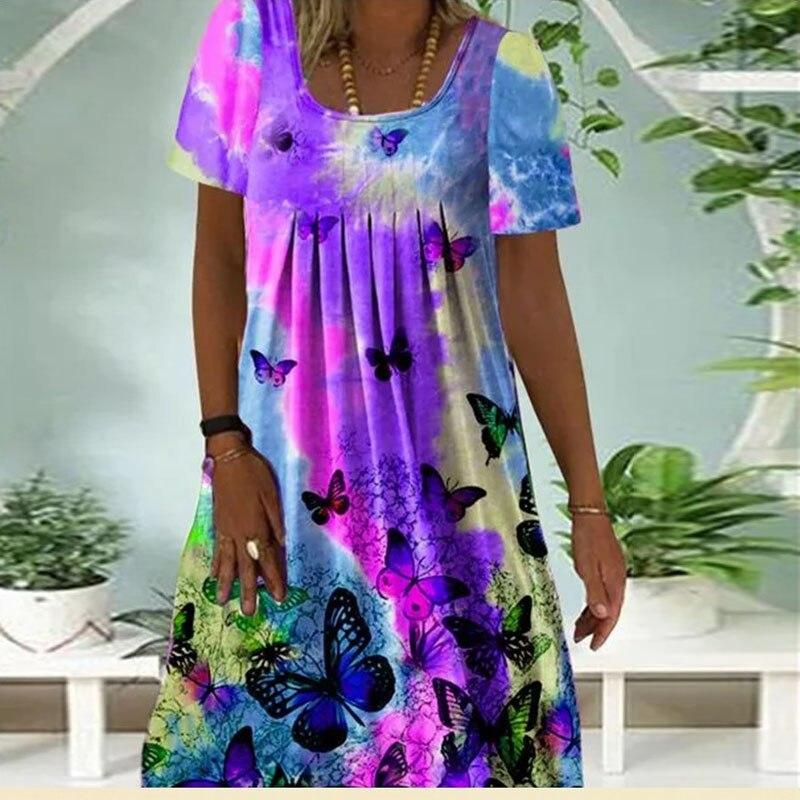Women's Summer Autumn Short Sleeve Round Neck Pleated Printed All-Match Dress Women Fashion Casual Loose Dress
