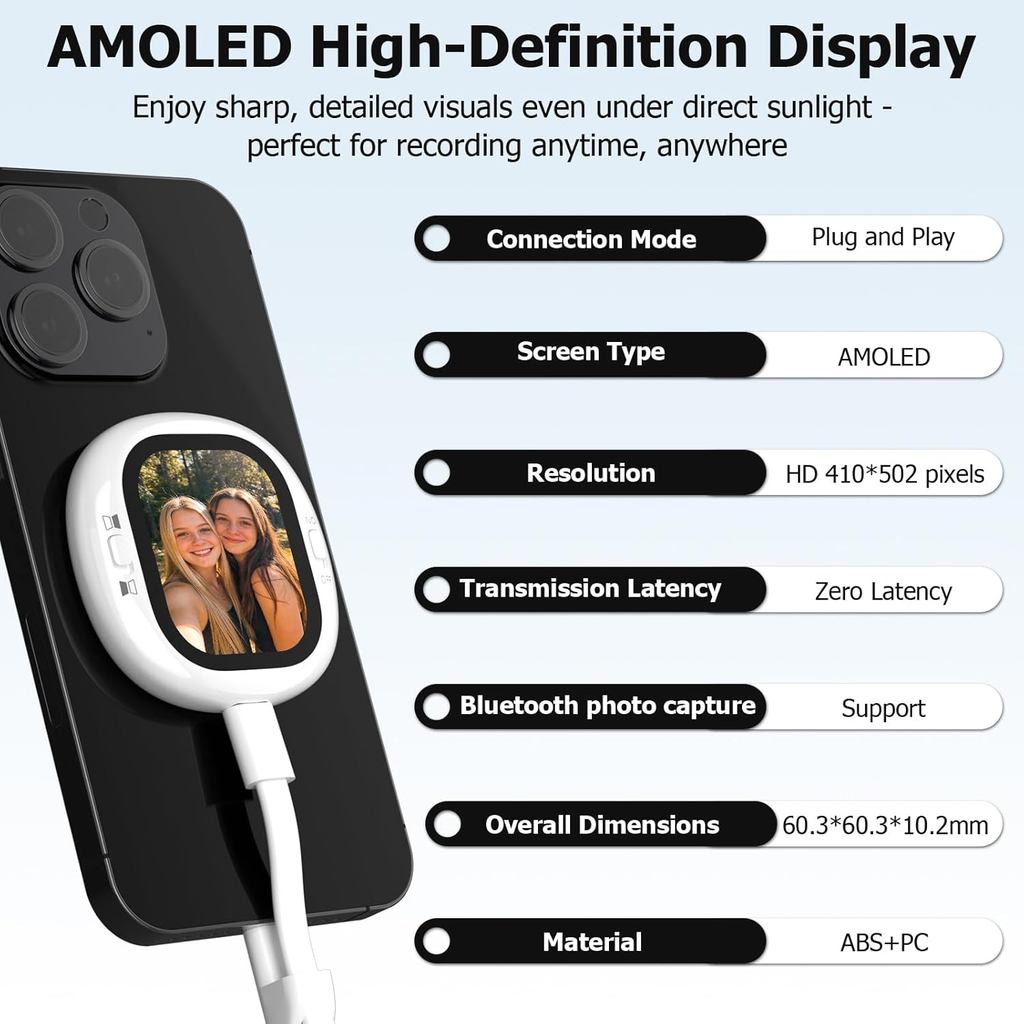 Wired Rear Camera Selfie Screen Monitor with Bluetooth Remote Magnetic & Plug Play for iPhone (Not Supported for Android)