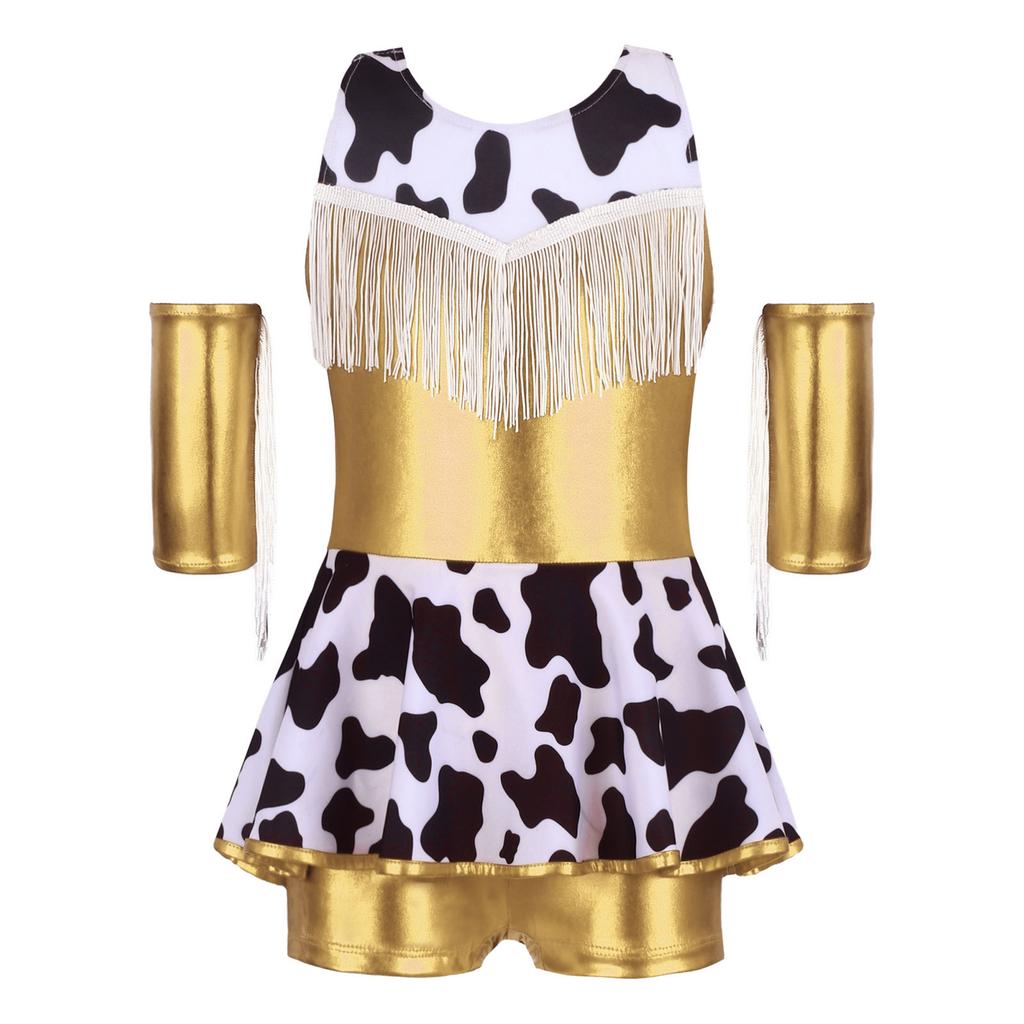 Girls Cowgirl Costume for Cosplay Party Metallic Gloss Cross Back Straps Fringed Dress with Built-in Shorts