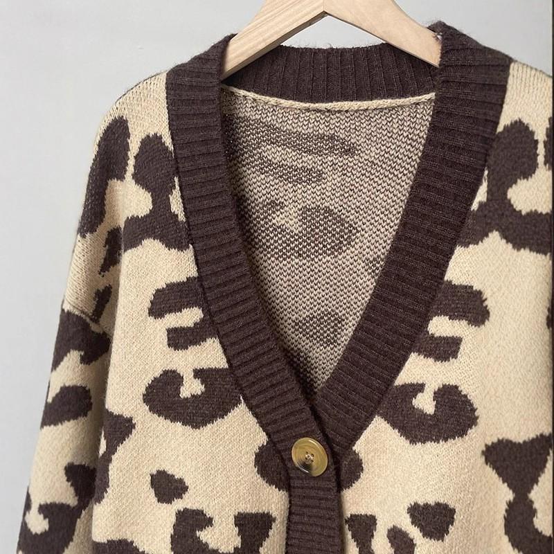 Womens Oversized V-Neck Knit Cardigan With Leopard Print - Soft Acrylic Warm Loose Fit Long Sleeve Sweater Fall 2025