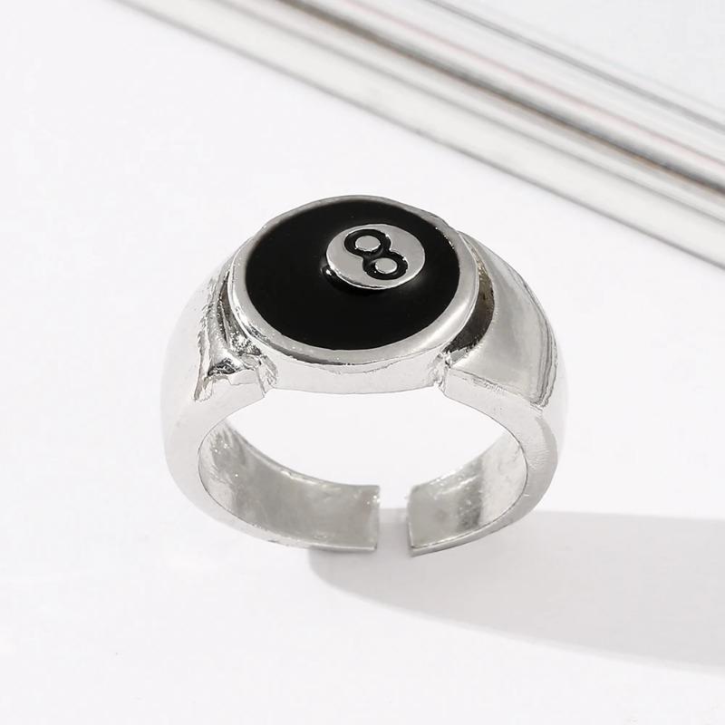 Punk Style Billiard Number Black 8 Opening Adjustable Rings Metal Alloy Rings Fashion Hip Hop Rock Jewelry For Women And Men