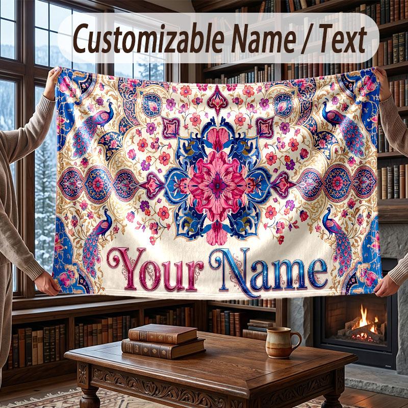 Floral Garden Theme Throw Blanket Custom Name Text Personalized Blanket Soft Cozy Blanket for Home Sofa Bed
