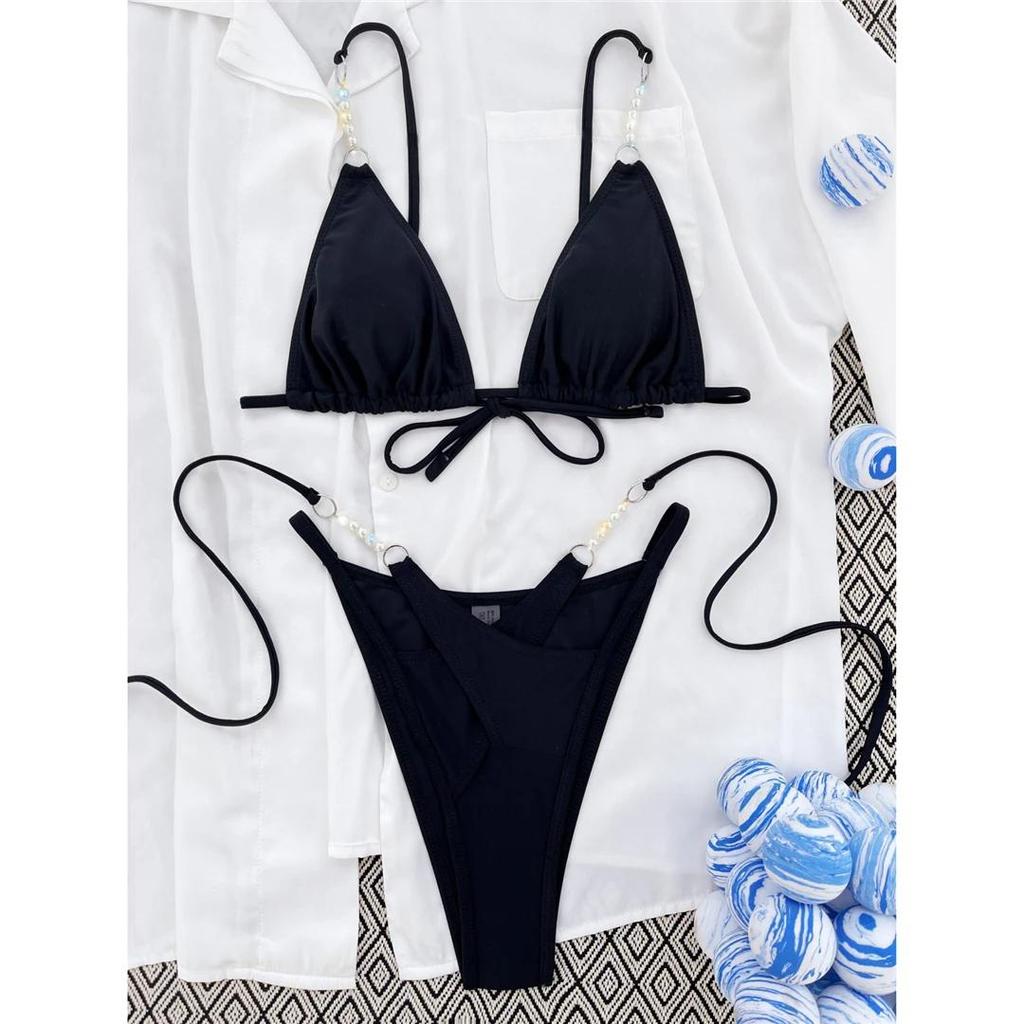 Sexy Halter Pearls Strappy Bikini Female Swimsuit Women Swimwear Two-pieces Bikini set High Cut Bather Bathing Suit Swim