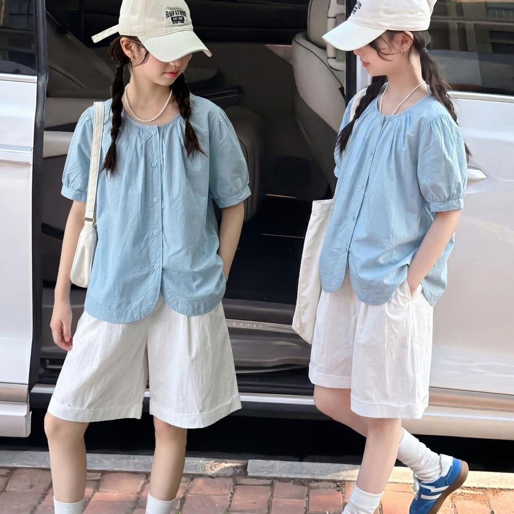 Girls' Korean Style Short-Sleeve Doll Shirt & Casual Shorts Two-Piece Summer Set