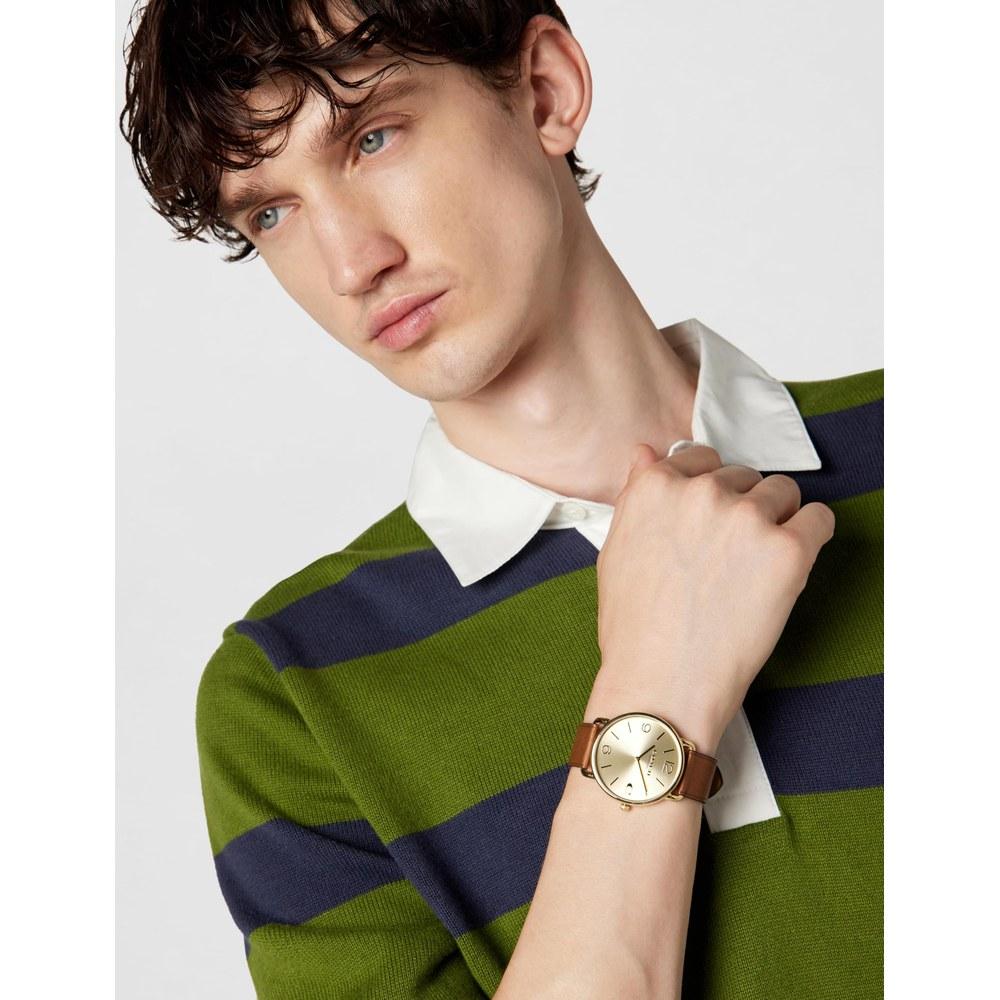 Coach Elliot Men's Watch Unique Artistic Modern Minimalism Water-Resistant Saddle Gold Tone Leather Strap Gold Dial