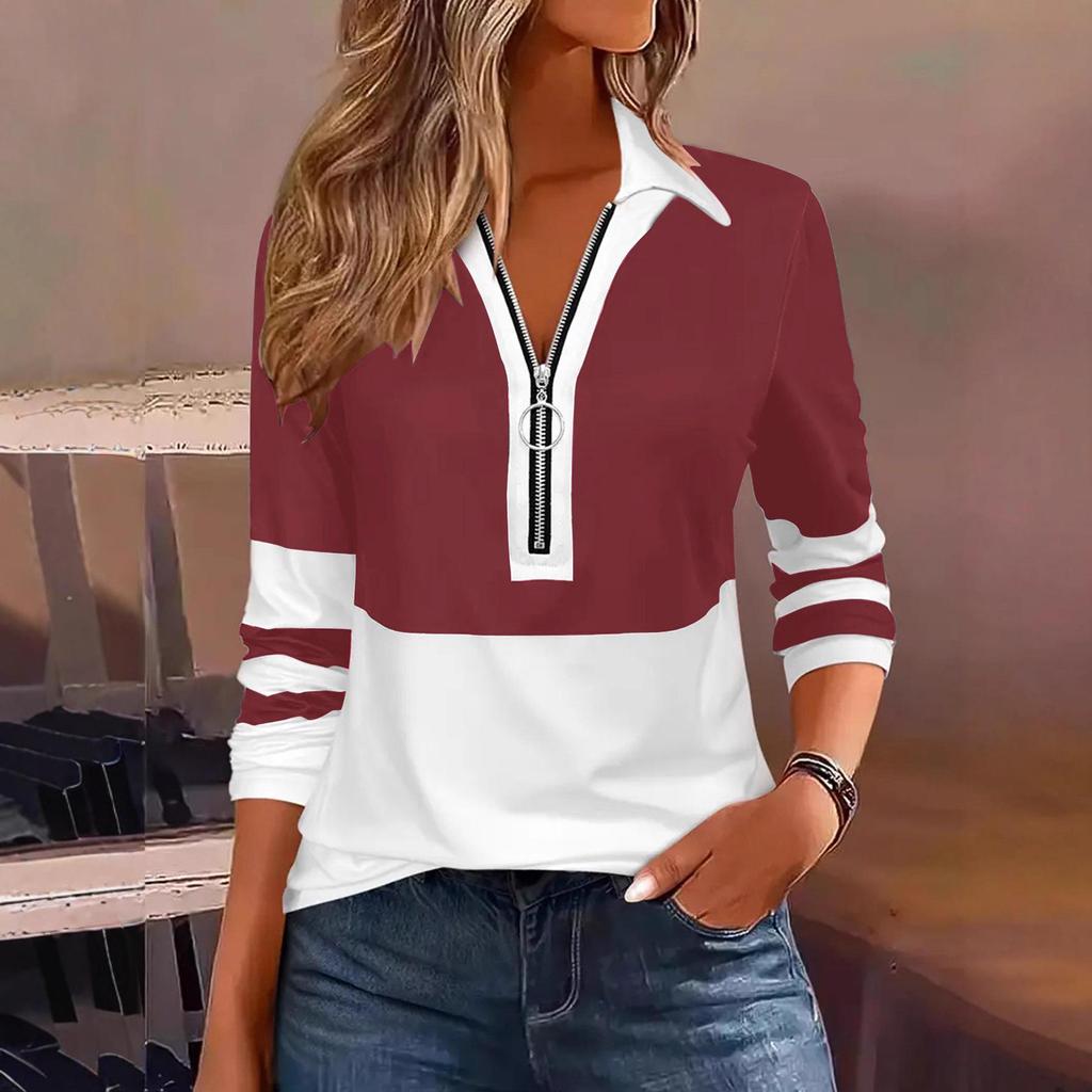 2025 Women's Spring/Summer Fashion Casual Print Turn-Down Collar Zipper Long Sleeve T-shirt