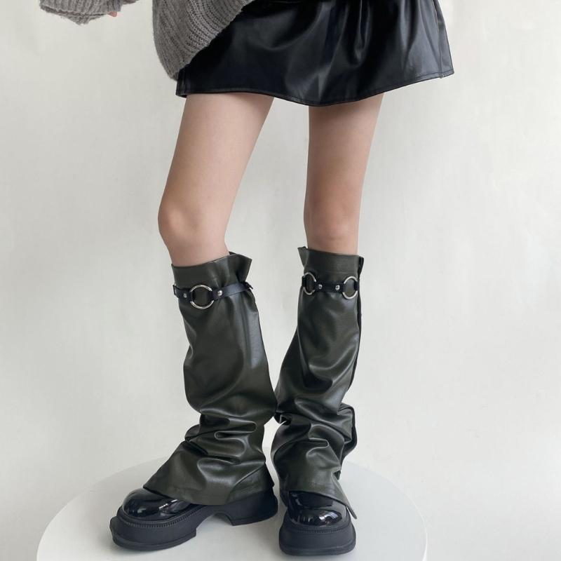 Women Punk Buckle Leather Leg Warmers Harajuku Grunge Leg Socks Side Buttons Wide Baggy Boot Covers Gaiters Streetwear